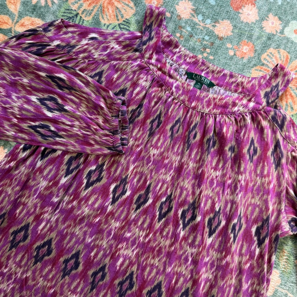 Lauren Ralph Lauren Purple Ikat Cold Shoulder Top Blouse XL‎ Cotton Modal Boho